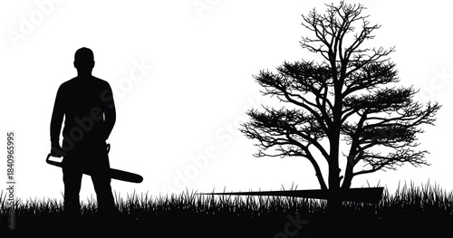Lumberjack Silhouette Vector Illustration Man Holding Chainsaw Standing on Grass Next to Large Tree Being Cut Down, Concept of Forestry, Deforestation, or Hard Labor