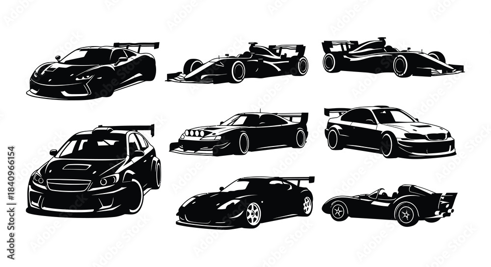 Fototapeta premium Collection of sleek black silhouettes depicting various high performance sports cars and racers