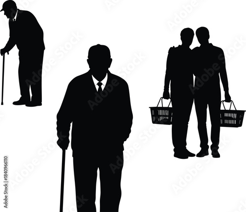 Vector Silhouettes of Senior Men with Canes and a Young Couple Carrying Shopping Baskets, Representing Diverse Generations and Daily Life Activities