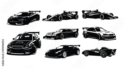 Collection of sleek black silhouettes depicting various high performance sports cars and racers