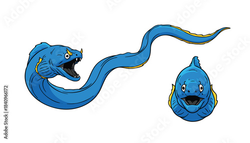 Cartoon illustration of a blue eel-like creature with yellow fins, shown in side and front views with an open mouth and sharp teeth.