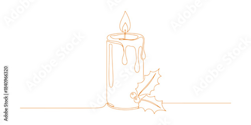 Candle depicted in a continuous line. One-line icon for a candle. Background showcasing a one-line drawing. Vector illustration. Christmas candle icon.


