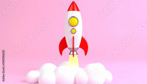 Rocket startup launch business success growth future innovation goal progress lift small colorful rocket rising above fluffy cloud with bright