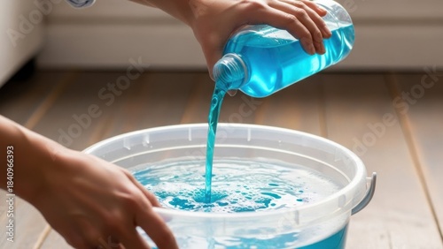 Pouring blue liquid cleaner into a white bucket for cleaning.
