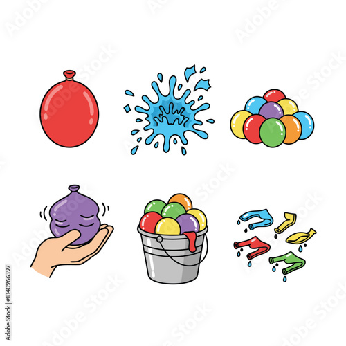 Collection of water balloon related illustrations including full balloons, splashes, and deflated balloons for summer fun.