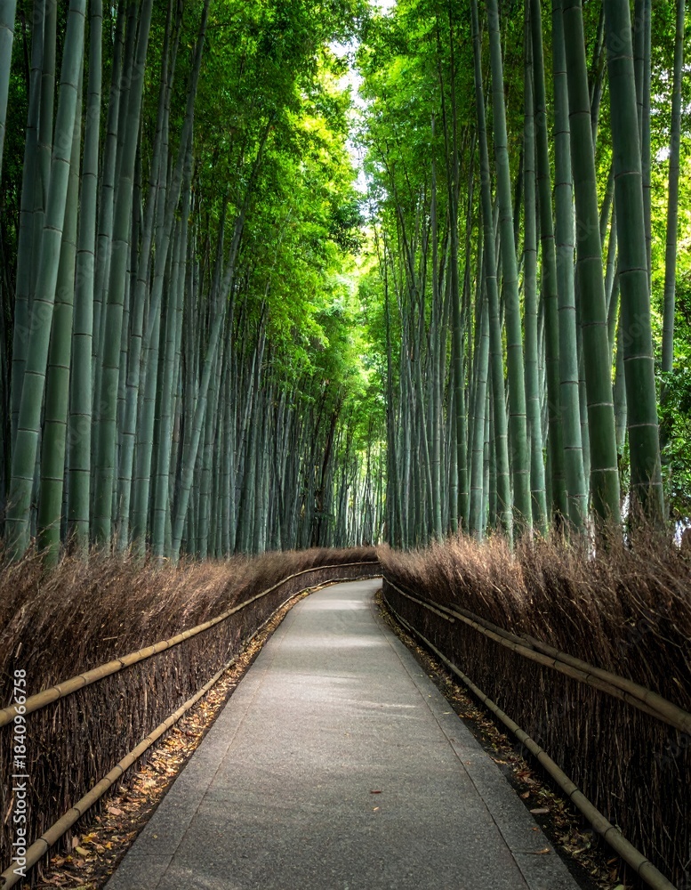 Fototapeta premium Path through a towering bamboo forest in Arashiyama, Kyoto, Japan, showcasing the natural beauty and serene atmosphere of this iconic grove.