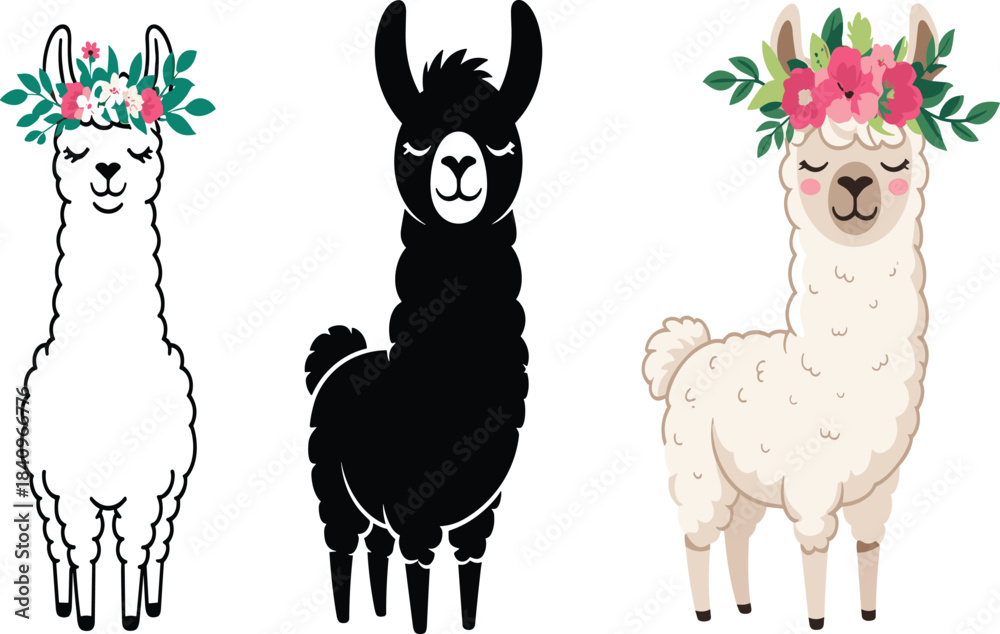Obraz premium Cute llama illustrations set featuring floral crowns, minimalist black silhouette, adorable fluffy alpaca characters