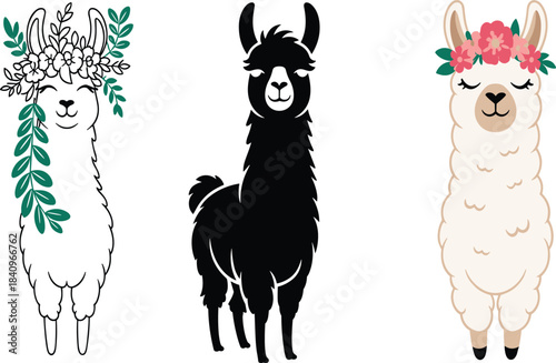 Cute llama illustrations set featuring floral crowns, minimalist black silhouette, adorable fluffy alpaca characters
