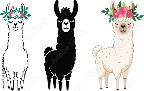 Cute llama illustrations set featuring floral crowns, minimalist black silhouette, adorable fluffy alpaca characters