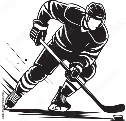 Dynamic black and white silhouette illustration of a hockey player in mid action