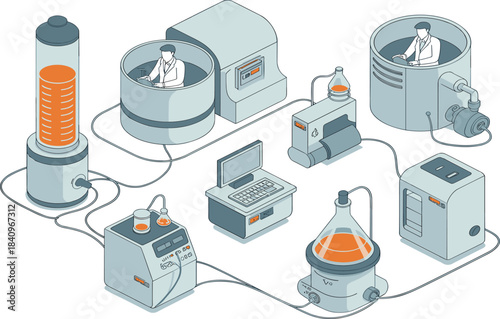 Futuristic, isometric, biotechnology, laboratory, equipment, advanced, medical, research, systems, digital, bioprocess