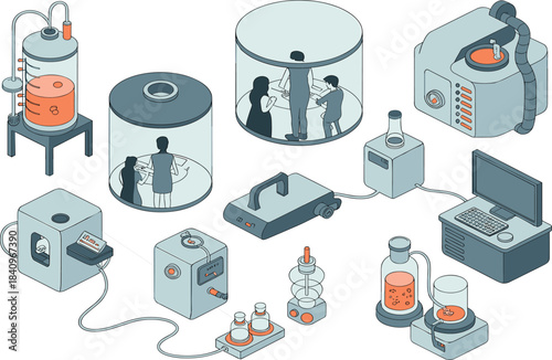 Futuristic, isometric, biotechnology, laboratory, equipment, advanced, medical, research, systems, digital, bioprocess