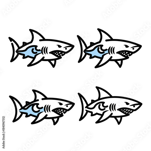 Four stylized cartoon sharks with sharp teeth and blue wave patterns.