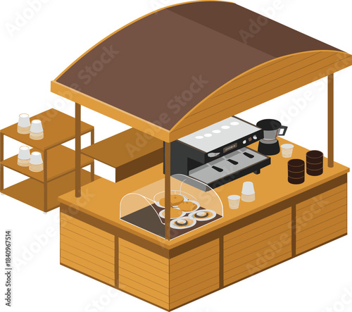 Isometric coffee kiosk with espresso machine, takeaway cups, fresh croissants display, wooden food stand, bakery counter, breakfast shop illustration, retail booth