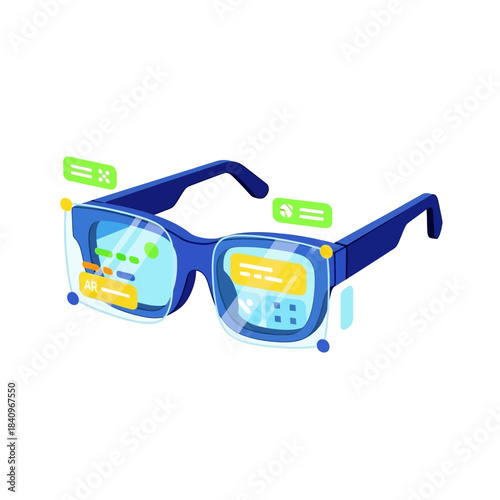 Futuristic dark blue augmented reality smart glasses with a glowing holographic user interface on the lenses.