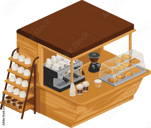 Isometric coffee kiosk with espresso machine, takeaway cups, fresh croissants display, wooden food stand, bakery counter, breakfast shop illustration, retail booth