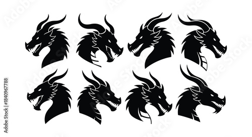 A collection of stylized black dragon heads arranged in a grid pattern