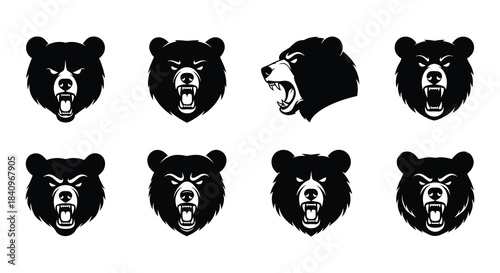 Eight fierce bear head illustrations in a repeating grid pattern