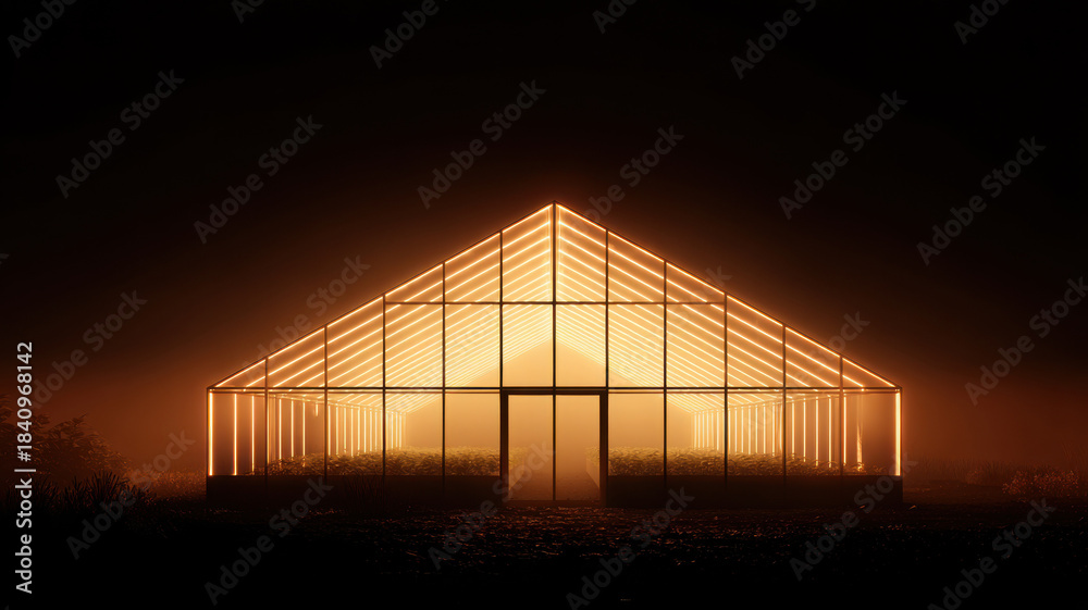 Obraz premium Illuminated greenhouse bathed in a warm, ethereal glow during the dusk. The scene exudes a sense of tranquility, harmony and promise 