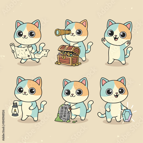 Six cute cartoon cats on an adventure, exploring, finding treasure, and discovering ancient artifacts.