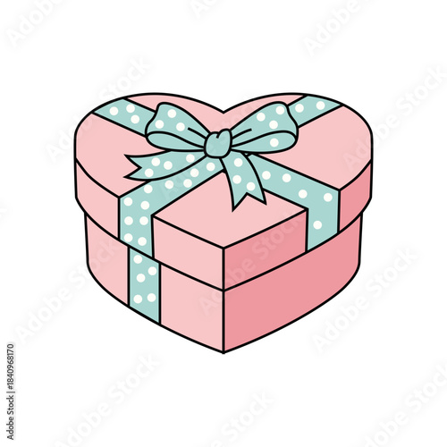 Pink heartshaped gift box with blue polka dot ribbon isolated on