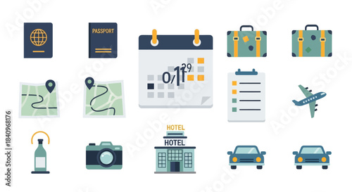 Flat vector icon set for travel, tourism, and vacation planning, featuring passport, luggage, and map.