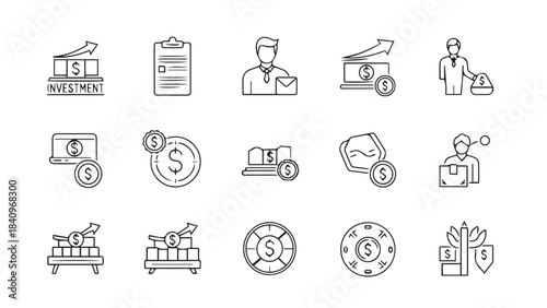 Set of finance and money related line icons for business and investment concepts