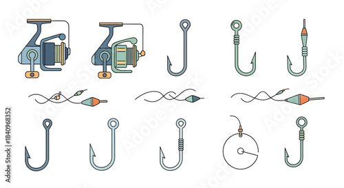 Fishing Tackle Collection - Reels, Hooks, and Bobbers for Anglers.