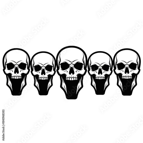 Five Black and White Skull Illustrations in a Row, Grim Reaper Symbolism.