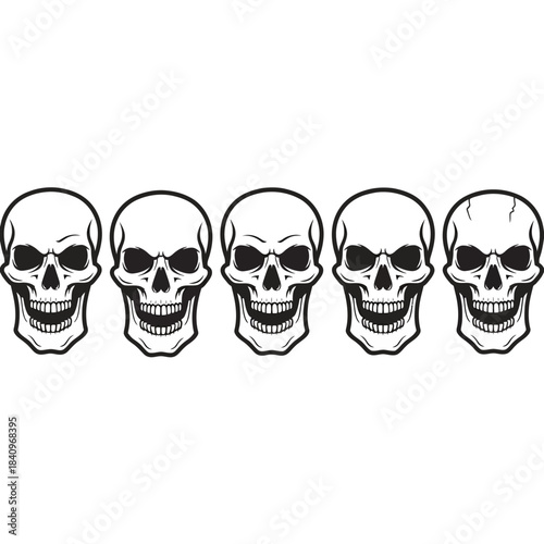 Five menacing human skulls with wide grins in a bold black and white line art style.