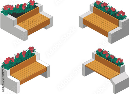 Isometric outdoor bench planters, modern urban street furniture design, floral landscaping elements, city park seating, 3D illustration for architecture