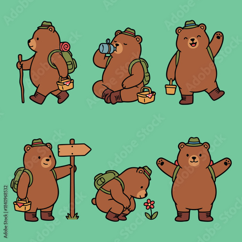 Six cute cartoon bears enjoying various outdoor activities like hiking, picnicking, and exploring nature.