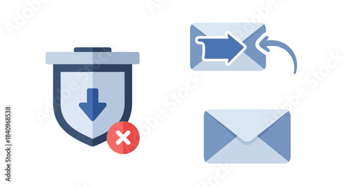 Flat design email and security icons set with shield, trash, forward, and envelope symbols.
