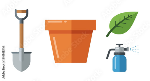 Flat Design Gardening Tools and Plant Care Supplies Vector Illustration Set.