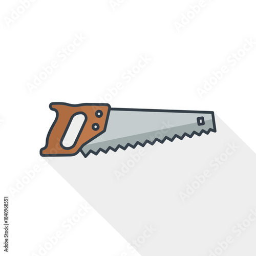 Flat design hand saw icon with a long shadow. Cartoon-style woodworking tool illustration with a brown handle and serrated steel blade.