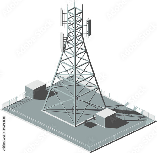 Modern isometric telecommunications tower, mobile network infrastructure, cellular antenna station, wireless communication technology site, 5G and 4G signal transmission facility illustration