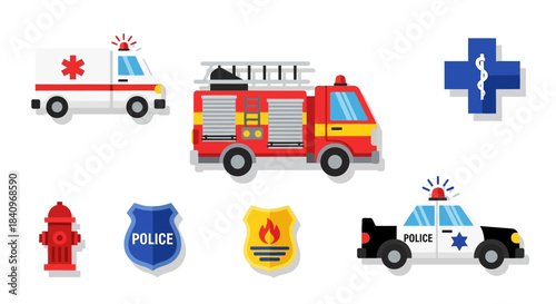 Flat design icon set of emergency services including ambulance, fire truck, police car, and related symbols.