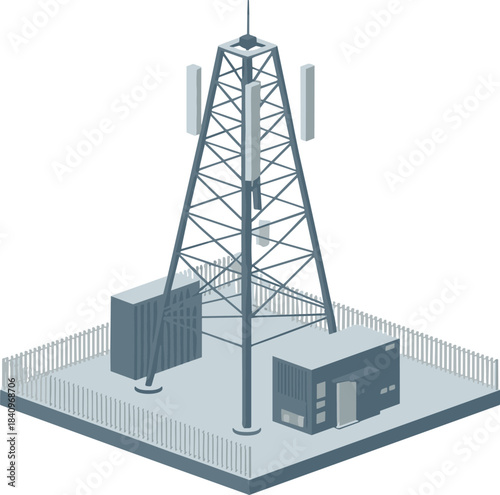Modern isometric telecommunications tower, mobile network infrastructure, cellular antenna station, wireless communication technology site, 5G and 4G signal transmission facility illustration