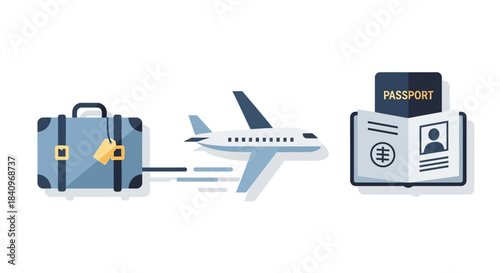 Flat design travel essentials - blue suitcase, white airplane, and open passport for global journey.