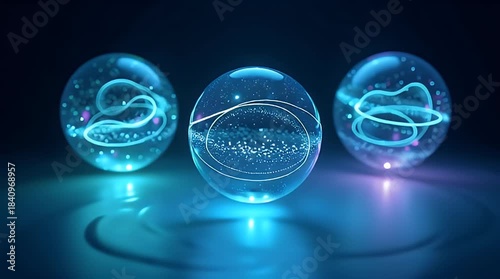 Mystical glowing orbs representing renewable energy (solar, wind, hydro, geo) floating gently above a stylized landscape, clean futuristic eco-concept, symbolic environmental message.