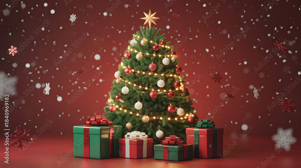 Obraz premium Radiant christmas tree encompassed by festive gifts on a snow-infused red backdrop