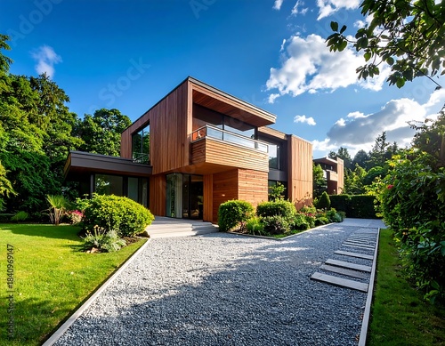 Modern home with wood siding, gravel drive, and lush landscaping