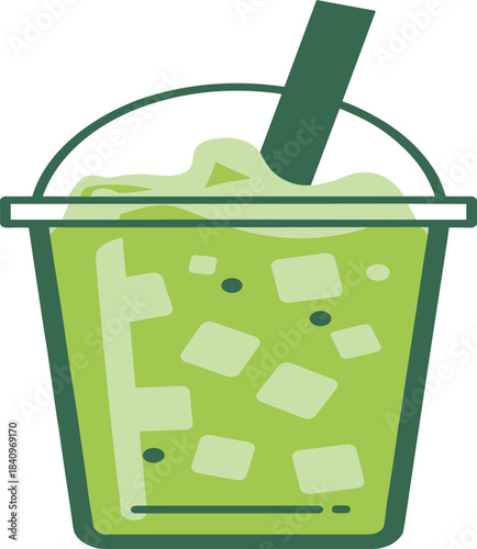 Refreshing green juice illustration with ice cubes, plastic cup, eco straw, healthy beverage concept, minimalist flat design, fresh drink artwork
