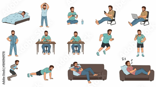 Mans daily routine set, from waking up to sleeping, various activities.