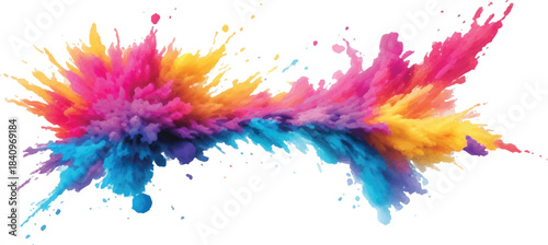 Colorful watercolor paint splashes and ink splatters create an artistic rainbow texture and abstract design on a white background