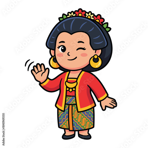 Cute cartoon illustration of a traditional Indonesian woman in kebaya and batik, winking and waving.