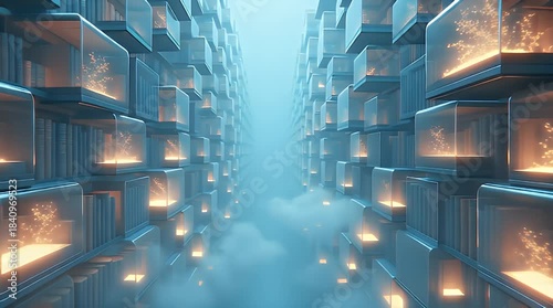 A massive floating library made of transparent glass cubes storing glowing dream fragments, floating books, ethereal mist, soft pastel light, surreal conceptual visualization of memory and imagination