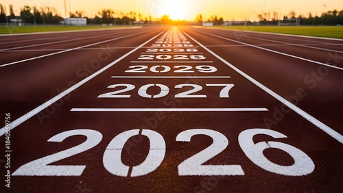 Running track with huge 2026 lane marking leading toward sunrise. white year numbers receding into distance. perspective for goals, planning and future timeline.