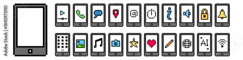 Set pixel phone icon vector for communication and mobile app interfaces. Symbolizes call, contact, and retro 8-bit digital technology. Ideal for app icon sets.
