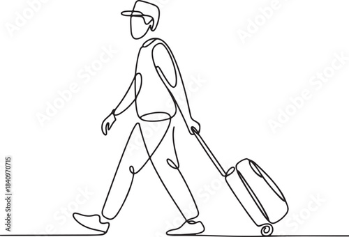 Continuous line art illustration of soft sketch contour forming a walking traveler with a rolling bag